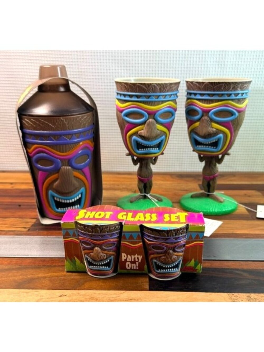 Vintage Plastic Tiki Barware Bundle – Shaker, Goblets, & Packaged Shot Glass Set